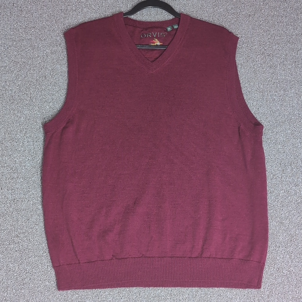 Orvis 100% Merino Wool V-Neck Sweater Vest Size XL In Maroon Red
